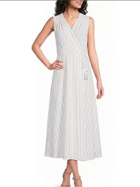 Calvin Klein Striped Sleeveless Faux Wrap Dress 8